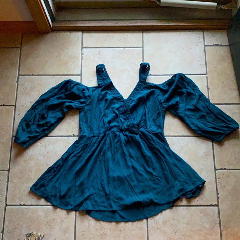 Torrid Teal Cold Shoulder Gauze Peplum Blouse